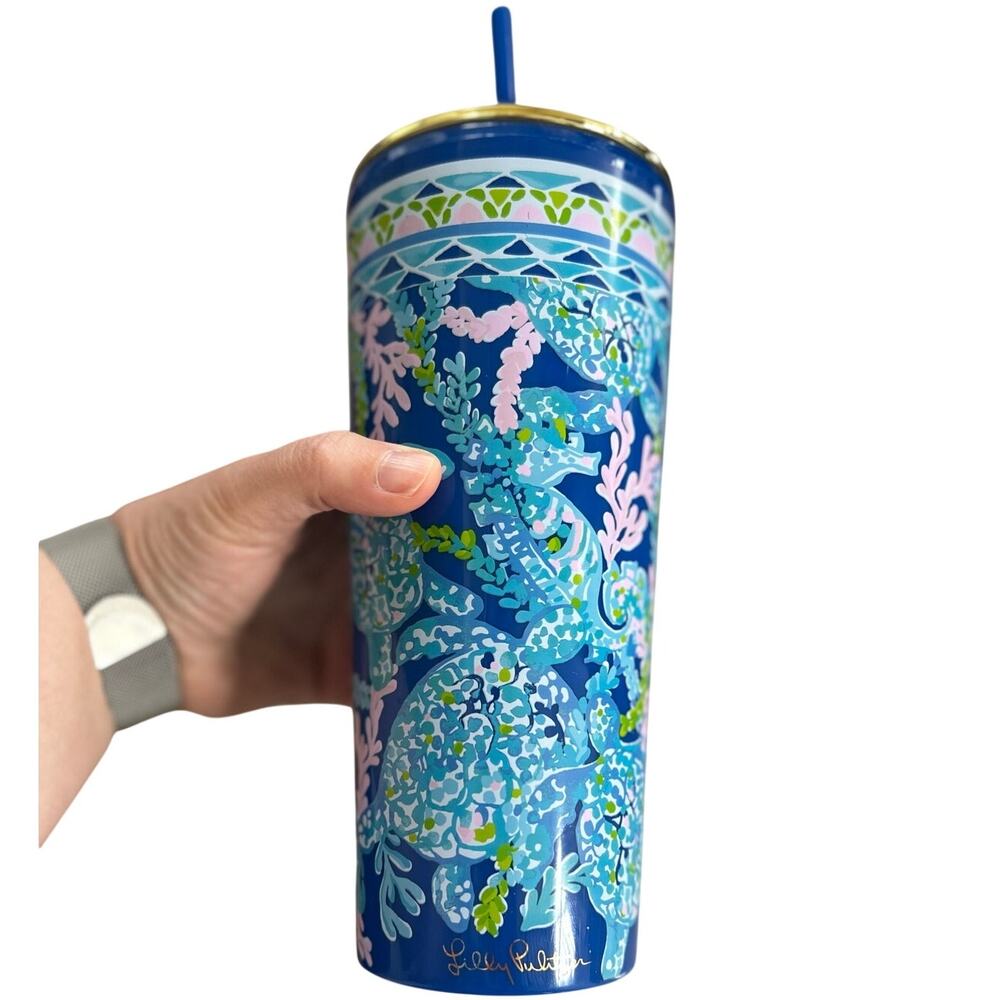 Lilly Pulitzer Turtle Villa Blue Pink Gold 20oz Drink Tumbler Water Bottle